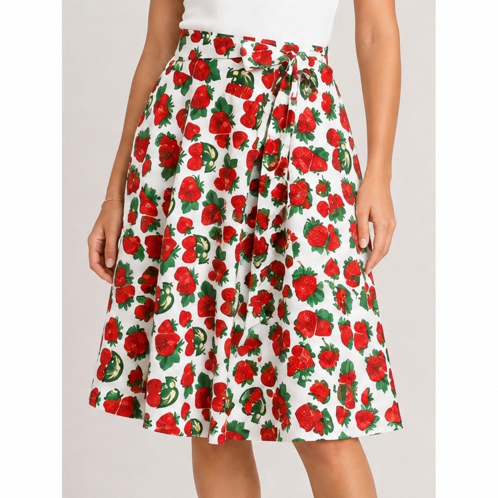 Belle Poque Strawberry A-Line Full Tie Waist Midi Skirt SZ XL Rockabilly Pinup